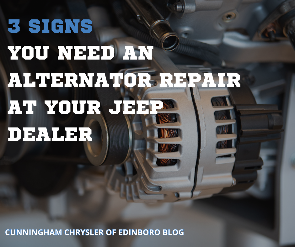 A photo of an alternator with the text: 3 Signs You Need an Alternator Repair at Your Jeep Dealer - Cunningham Chrysler of Edinboro Blog