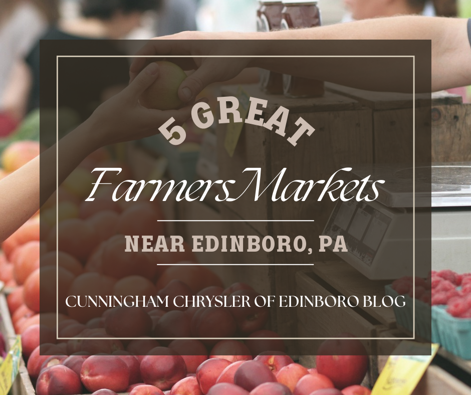 A photo of someone purchasing an apple and the text: 5 Great Farmers Markets near Edinboro, PA - Cunningham Chrysler of Edinboro Blog