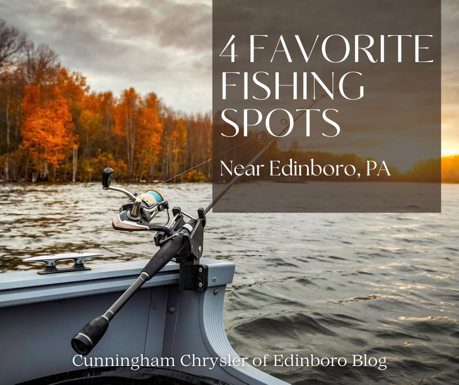 A photo of a fishing boat in fall, and the text: Drive on Down: 4 Favorite Fishing Spots Near Edinboro, PA - Cunningham Chrysler of Edinboro Blog