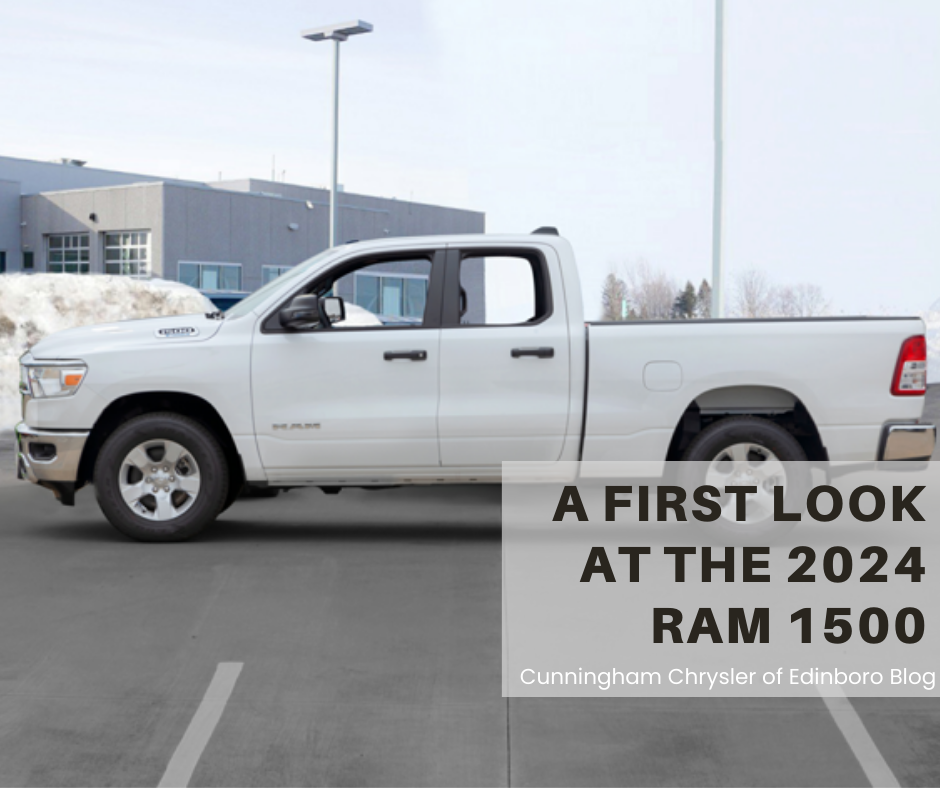 A side profile photo of the 2024 Ram 1500 and the text: A First Look at the 2024 RAM 1500 - Cunningham Chrylser of Edninboro Blog