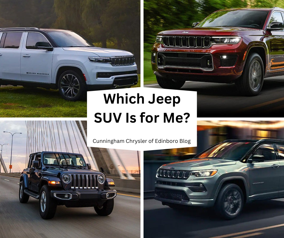 Photos of four Jeep SUVs and the text: Which Jeep SUV Is for Me? Cunningham Chrysler of Edinboro Blog