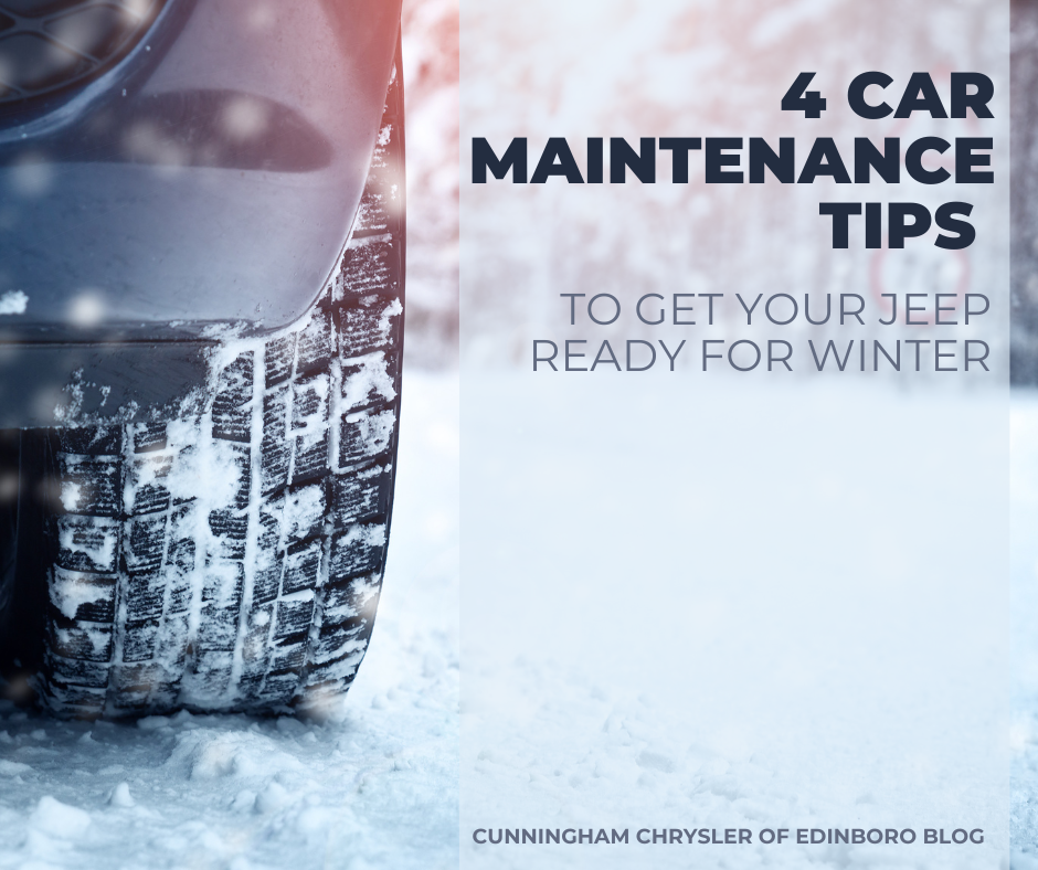 A photo of an SUV tire driving in the snow and the text: 4 Car Maintenance Tips to Get Your Jeep Ready for Winter