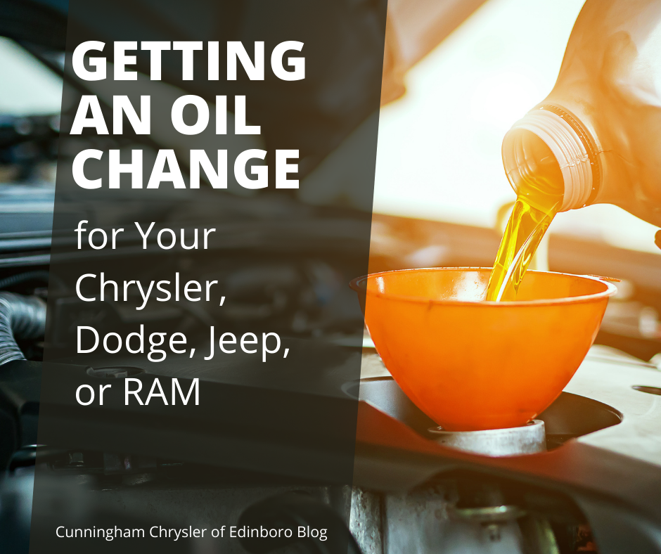 A photo of a cars oil being changed and the text: Getting an Oil Change for Your Chrysler, Dodge, Jeep, or RAM - Cunningham Chrysler of Edinboro Blog