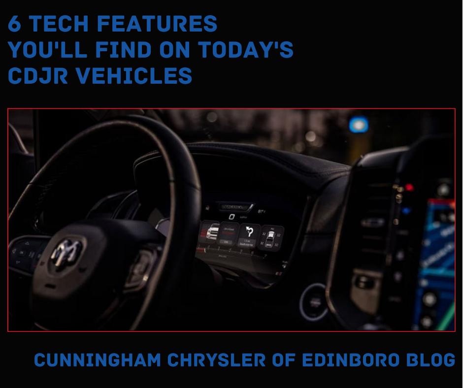 A photo of a Ram 1500 dashboard and the text: 6 Tech Features You'll Find on Today's CDJR Vehicles