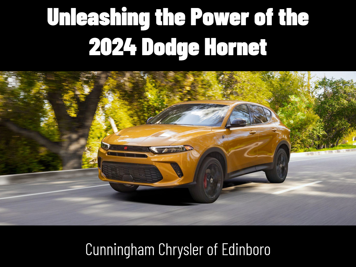 A photo of a 2024 Dodge Hornet Driving down the street and the text: Unleashing the Power of the 2024 Dodge Hornet