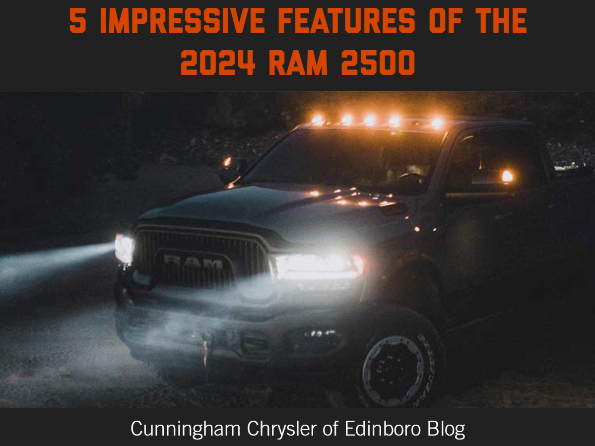 A photo of the 2024 RAM 2500 at night and the text: 5 Impressive Features of the 2024 RAM 2500