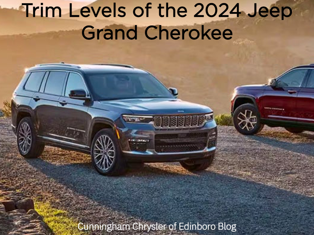 A photo with a grey Jeep Grand Cherokee on a mountaintop and the text: Trim Levels of the 2024 Jeep Grand Cherokee